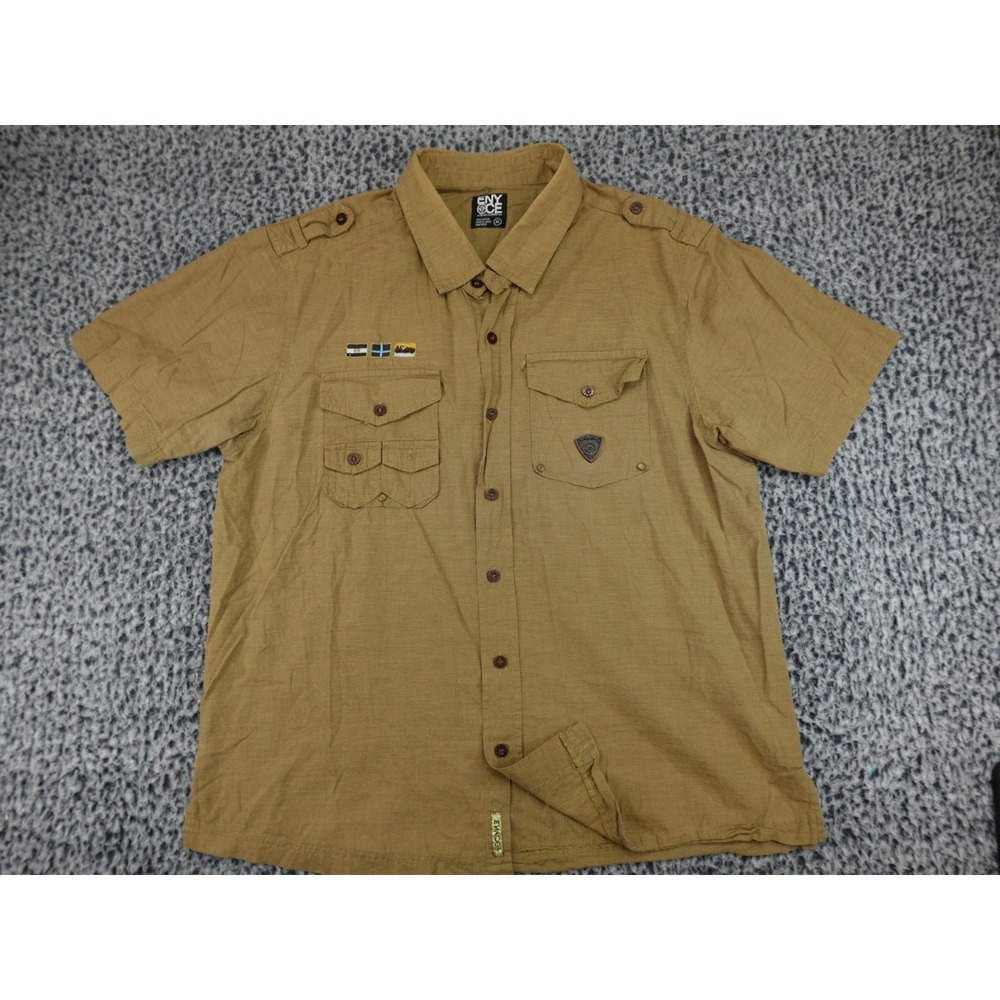 Enyce Mens XL Tan Khaki Short Sleeve Button Down Utility‎ Shirt Epaulets Cotton